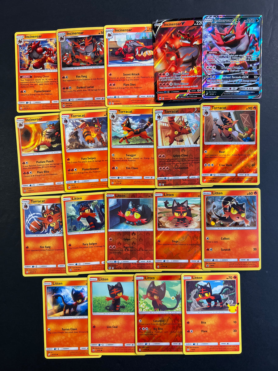 Pokemon Litten, Torracat and Incineroar V Card Lot - 19 Cards - Ultra Rare GX, V, Holo Rare and Promo Collection! Pokemon Litten, Torracat and Incineroar V Card Lot - 19 Cards - Ultra Rare GX, V, Holo Rare and Promo Collection!
