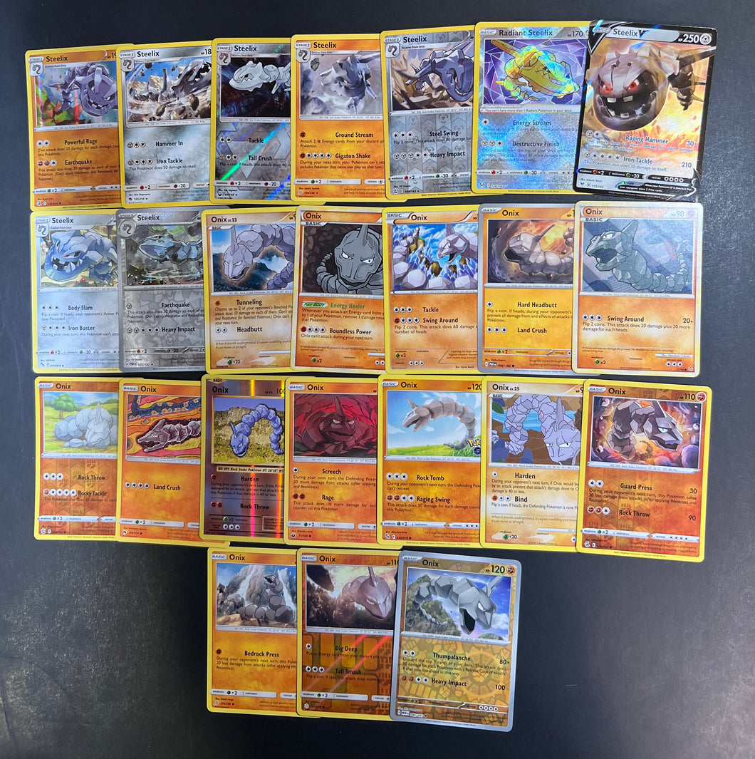 Pokemon Onix and Steelix V Card Lot - 24 Cards - Radiant Rare, Reverse Holo and Vintage Collection!