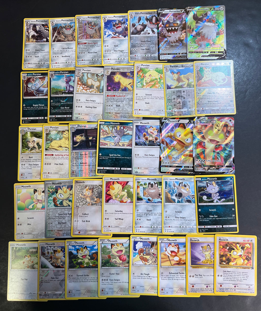 Pokemon Meowth V and Persian Card Lot - 36 Cards - Ultra Rare VMax, Holo Rare, Vintage and Reverse Holos!