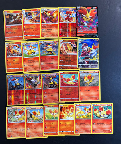 Pokemon Fennekin, Braixen and Delphox Card Lot - 21 Cards - Ultra Rare V, Holo Rare, Reverse Holos and Promo Cards!