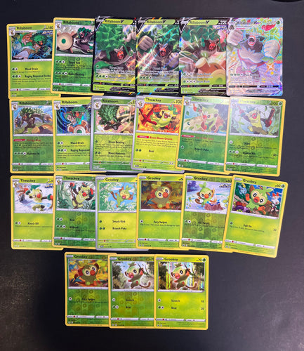 Pokemon Grookey, Thwackey & Rillaboom Card Lot - 21 Cards - Ultra Rare V, Shiny, Holo Rare and Promos!