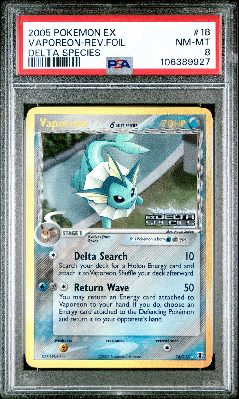 PSA 8 Vaporeon - 18/113 “Stamped” Reverse Holo Rare - EX Delta Species Pokemon