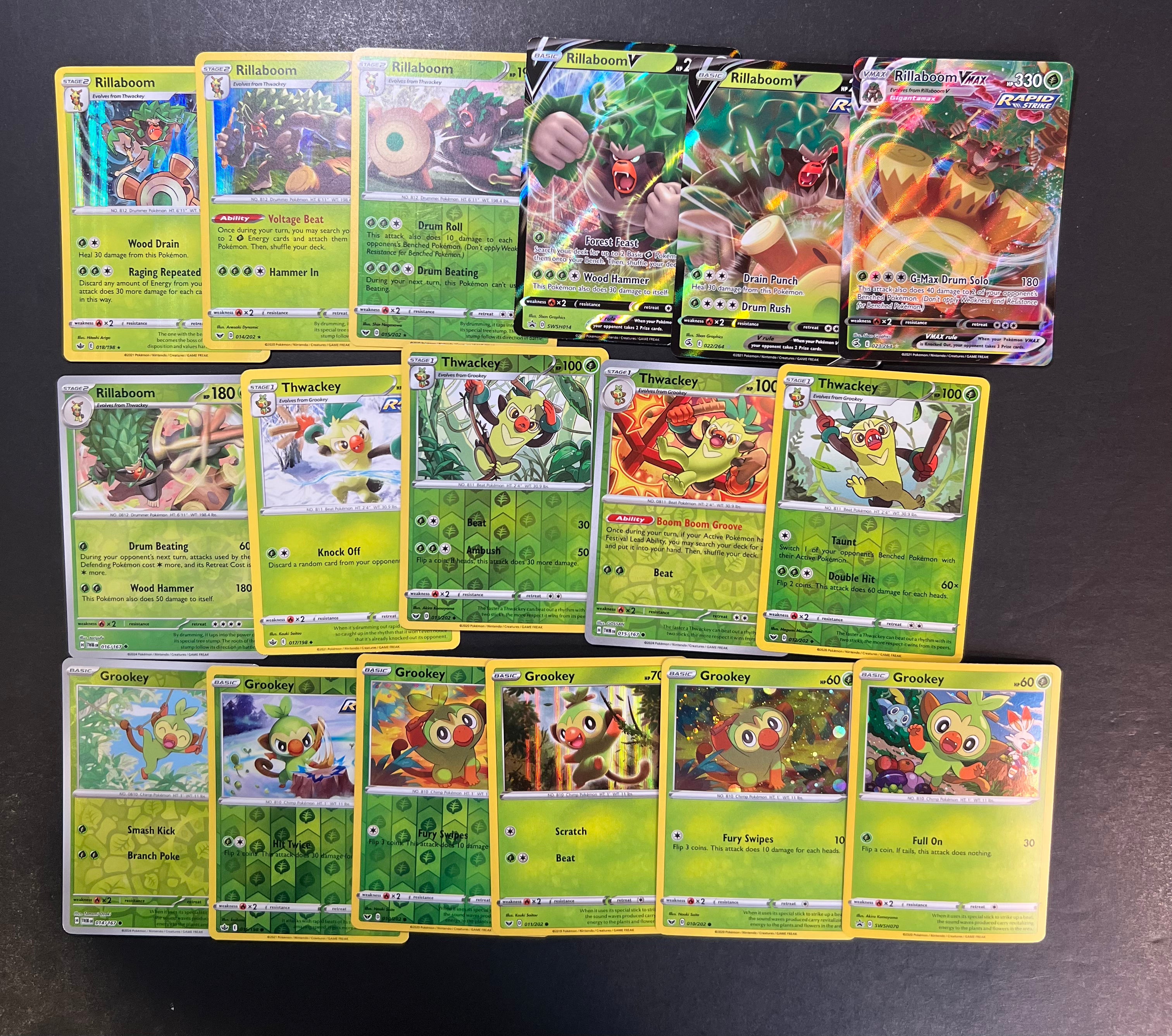 Pokemon Grookey, Thwackey and Rillaboom V Card Lot - 17 Cards