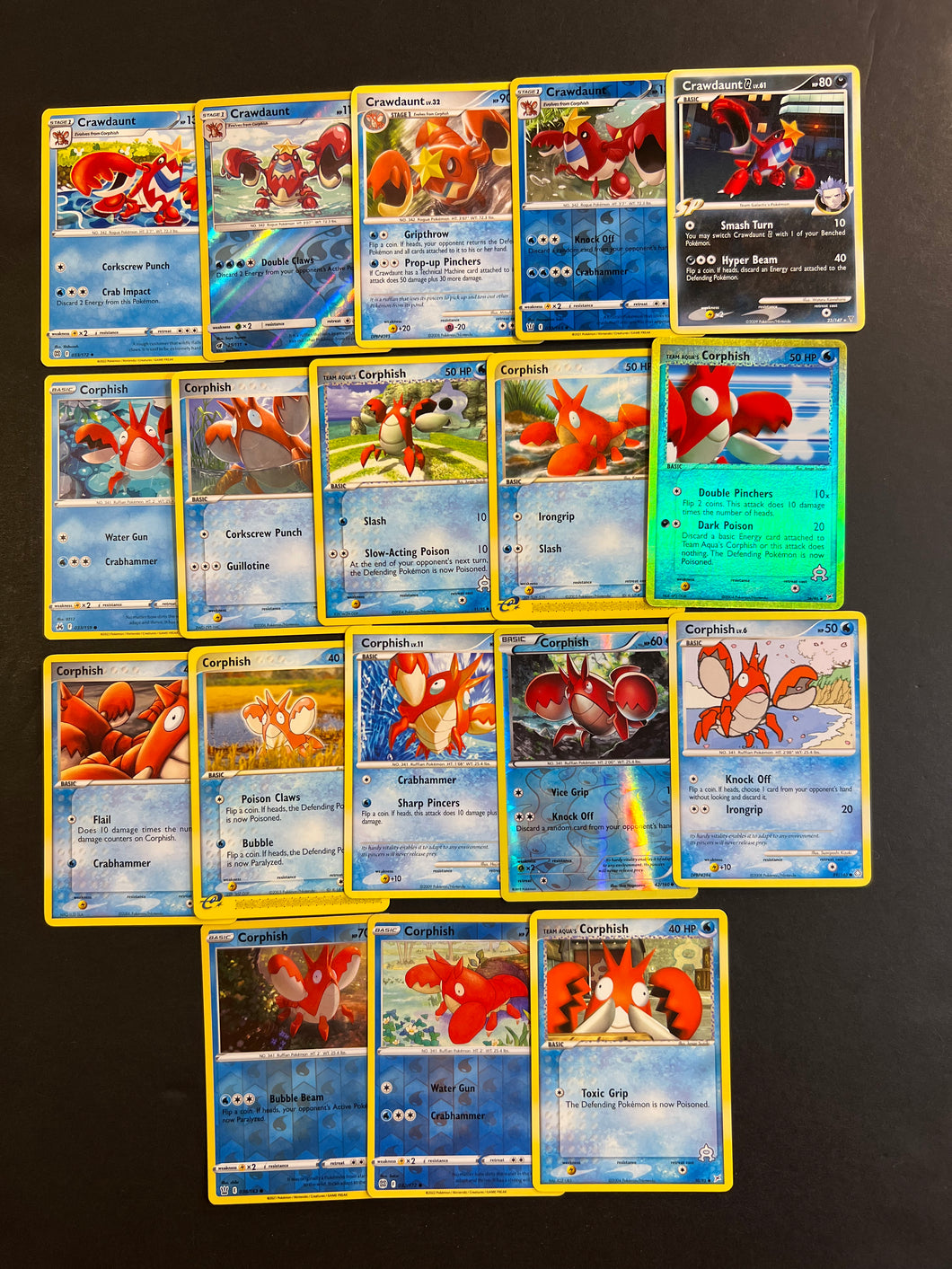 Pokemon Corphish and Crawdaunt Card Lot - 18 Cards - Reverse Holo, Rare and Vintage!