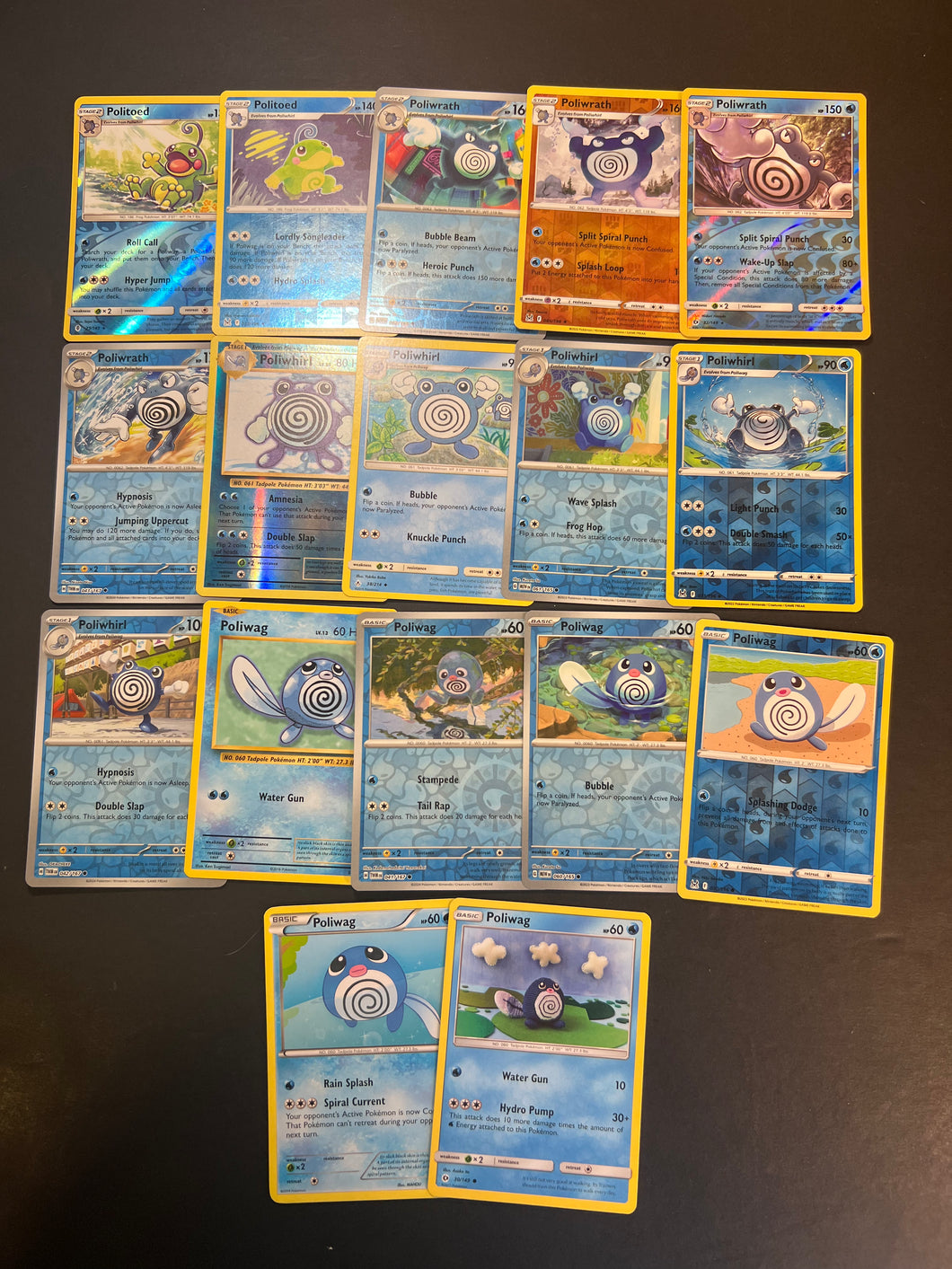 Pokemon Poliwag, Poliwhirl and Poliwrath Card Lot - 17 Cards - Holo Rare, Reverse Holo and Vintage!
