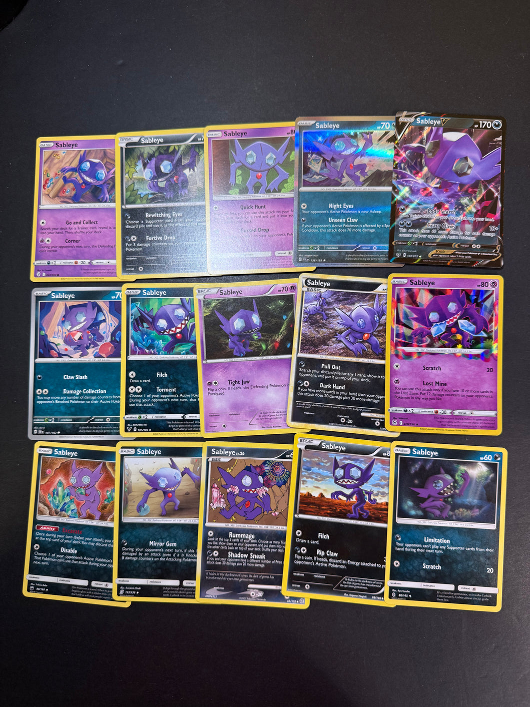 Pokemon Sableye Card Lot - 15 Cards - Ultra Rare V, Reverse Holo Rare Cards!