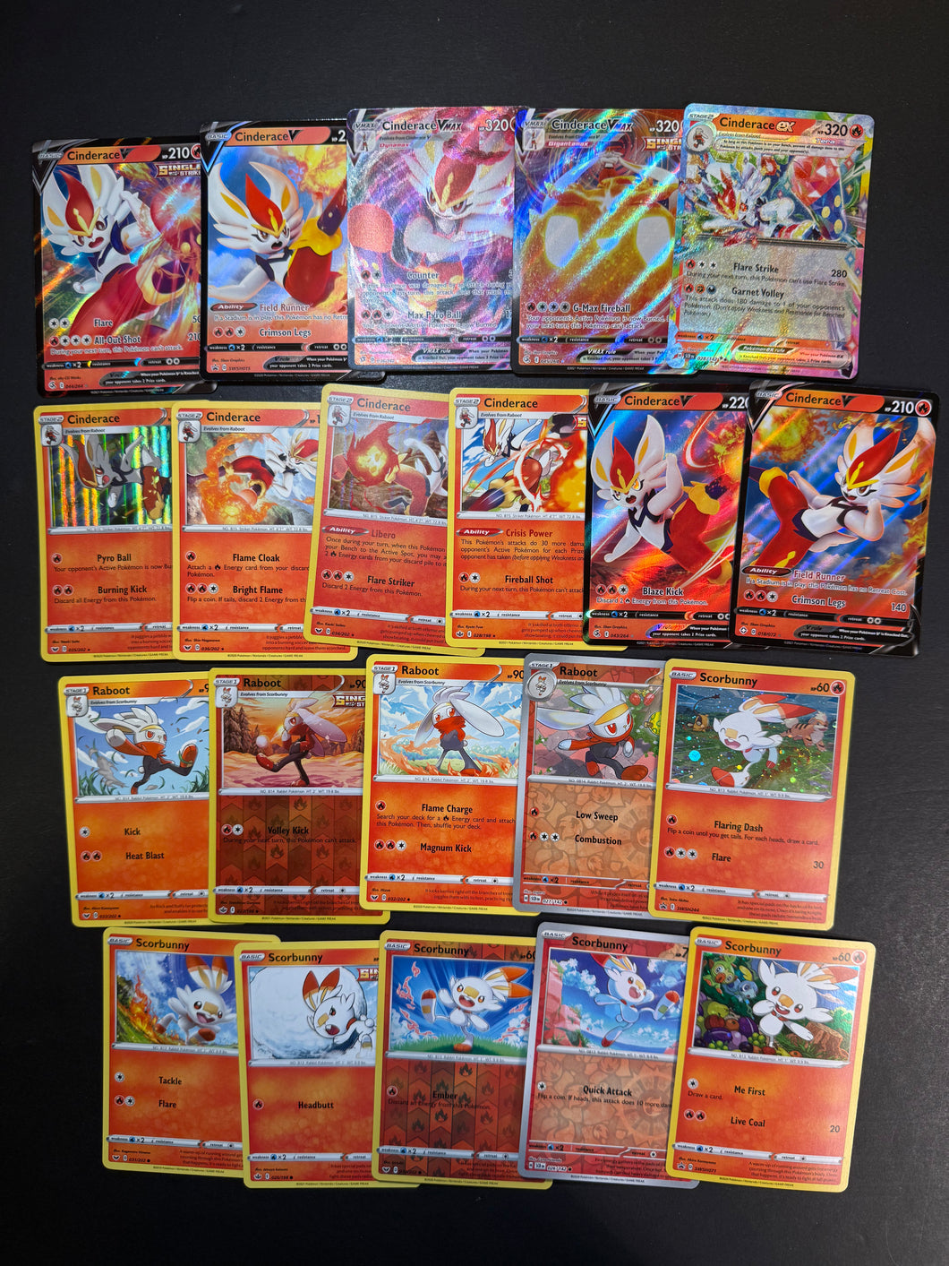 Pokemon Scorbunny, Raboot and Cinderace V Card Lot - 21 Cards - Ultra Rare VMax, ex, Holo Rare and Promos!