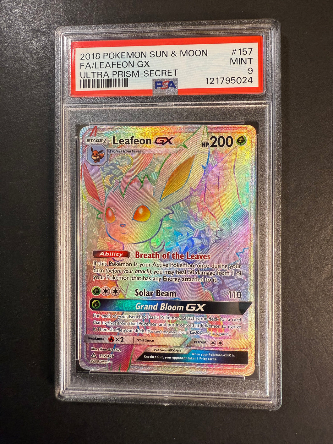 PSA 9 Leafeon GX - 157/156 Hyper Secret Rainbow Rare - Pokemon Ultra Prism