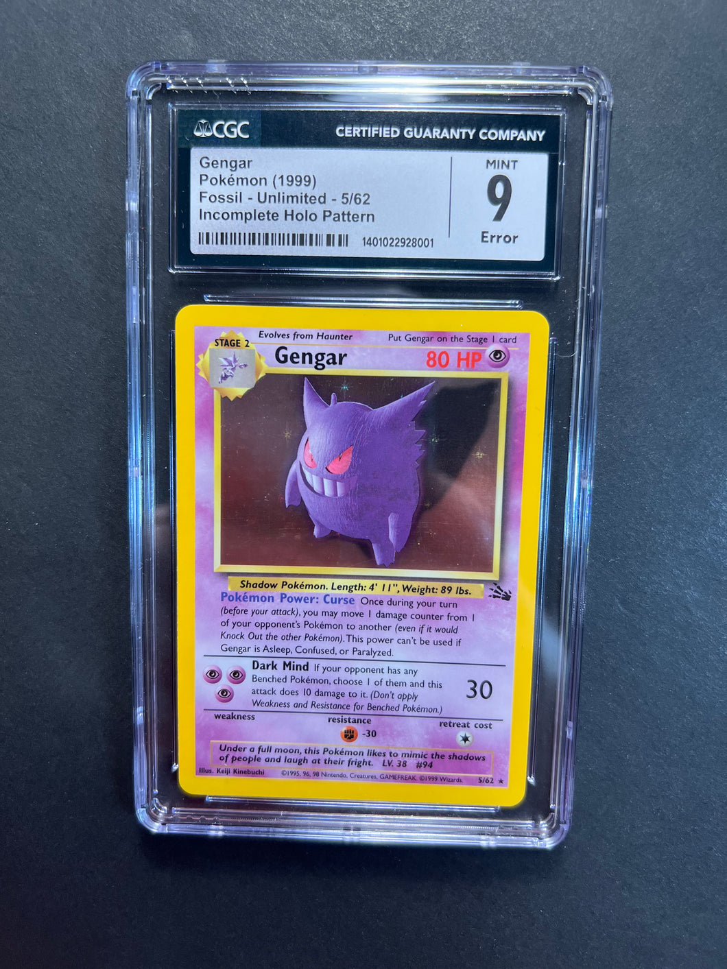 CGC 9 Mint Gengar (Incomplete Holo Pattern Error) - 5/62 Holo Rare - Pokemon Fossil Set