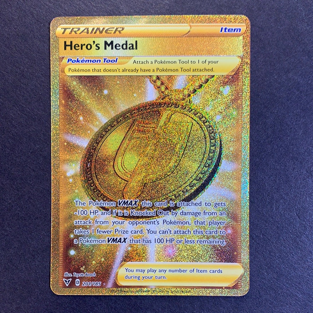 Heros Medal - 201/185 Gold Full Art Secret Rare Trainer - Vivid Voltage Heros Medal - 201/185 Gold Full Art Secret Rare Trainer - Vivid Voltage
