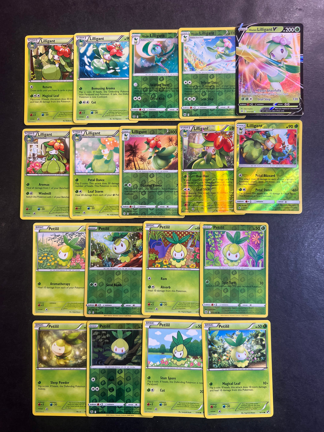 Pokemon Petilil and Lilligant V Card Lot - 18 Cards - Ultra Rare V, Holo Rare and Reverse Holos!
