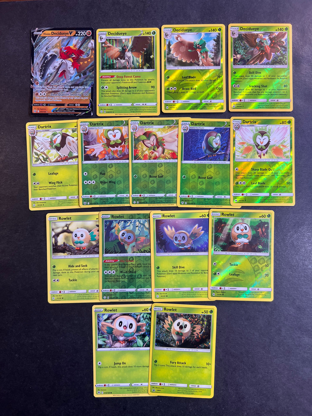 Pokemon Rowlet, Dartrix and Decidueye V Card Lot - 15 Cards - Holo, Reverse Rare & Promo!