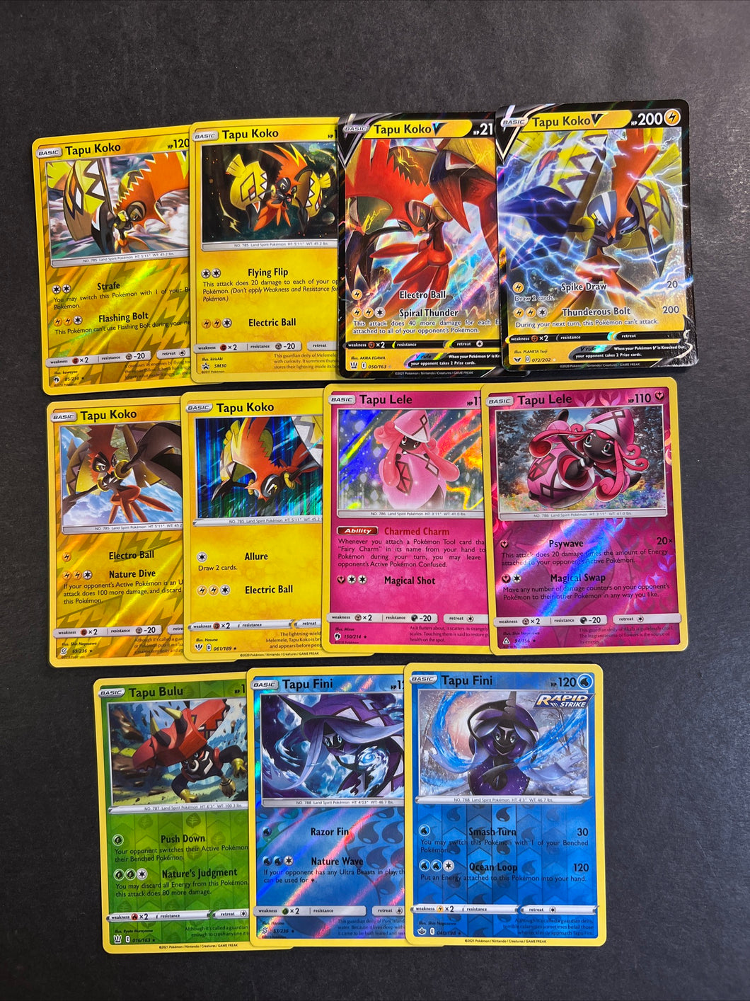 Pokemon Tapu Fini, Lele, Bulu & Koko V Card Lot - 11 Cards - Holo